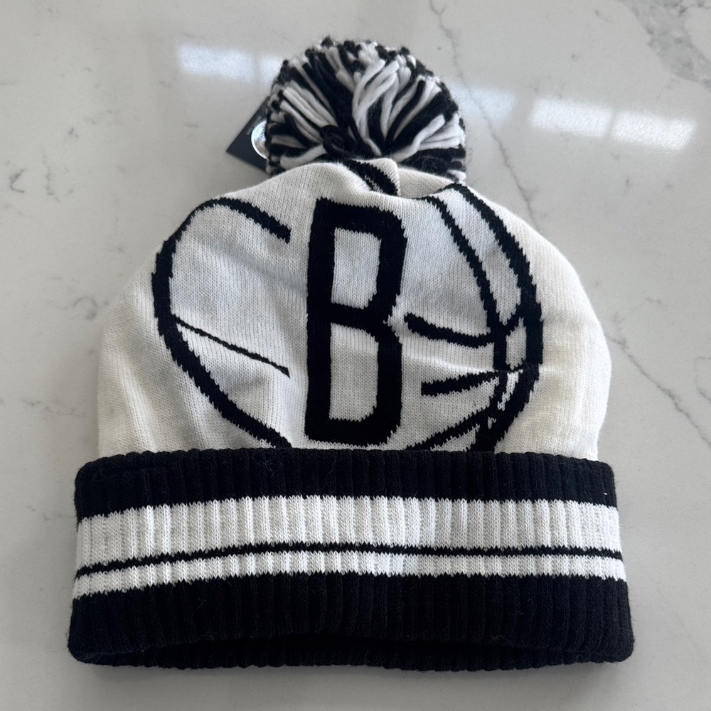 Brooklyn Nets Black & White Pom Beanie with 'B' Basketball Logo
